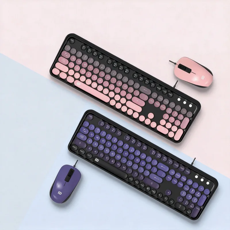 Pc Gaming Fullset - 美的なタイプライターキーボードマウスセット かわいいレトロな丸型キーキャップ 有線メカニカル風 サイレントタイピング フルサイズ テンキー