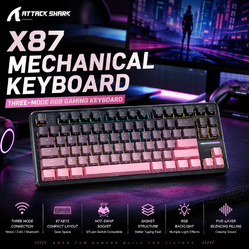 Pc Gaming Keyboard - Attack Shark X87 マクロドライブゲーミングキーボード、Bluetooth サイド刻印半透明文字メカニカルキーボード、RGB、ホットスワップ対応
