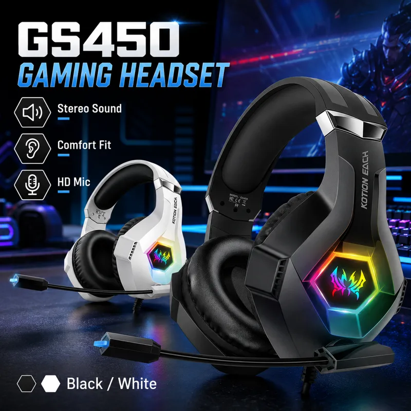 Pc Gaming Earphones - GS450 有線ゲーミングヘッドセット RGB LED ヘッドフォン マイク付き
