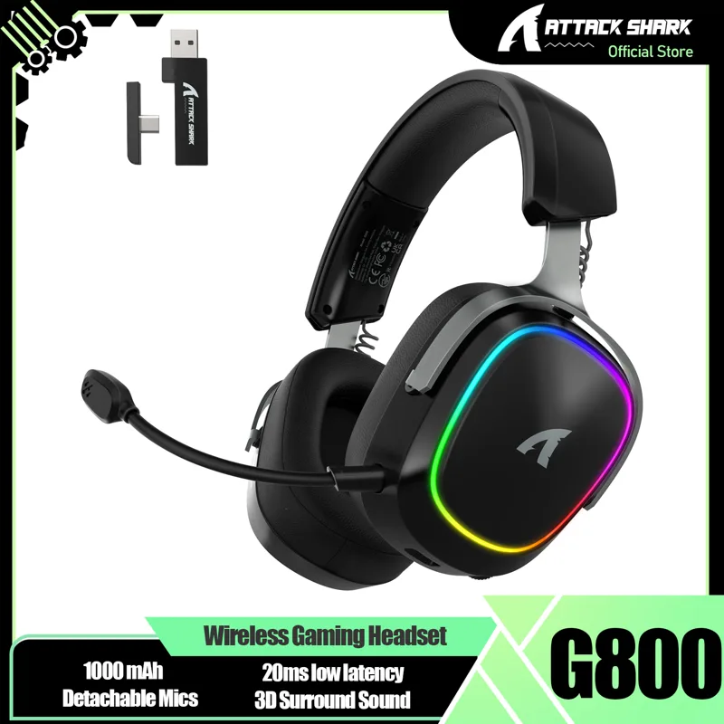 Pc Gaming Earphones - ATTACK SHARK G800 ワイヤレスゲーミングヘッドセット、1000mAh、取り外し可能なマイク、アルミニウム合金フレーム、3Dサラウンドサウンド、20ms低遅延