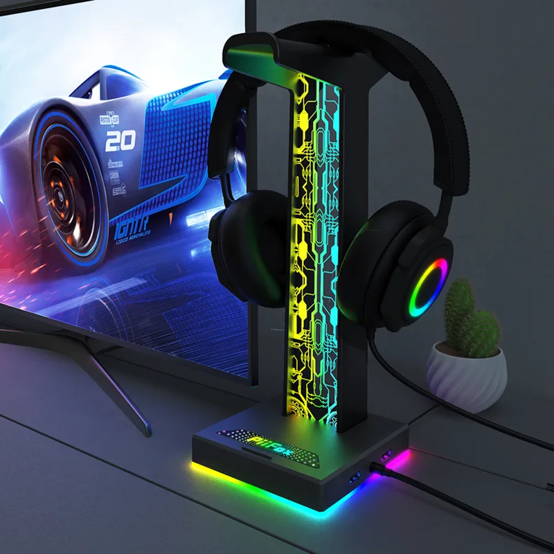 Pc Gaming Used - RGBゲーミングヘッドセットスタンド,デュアルUSBポート,ヘッドセットホルダー,ゲーマー用,オーディオポート,10照明効果,デスクトップ,3.5mm