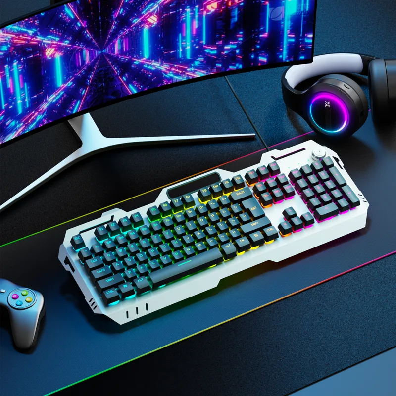 Pc Gaming Keyboard - EWEADN-サイレントゲーミングキーボード,104キー,LEDバックライト,オールメタルパネル,USBケーブル,マルチメディアノブ,オフィス,家庭,ラップトップ,デスクトップ用